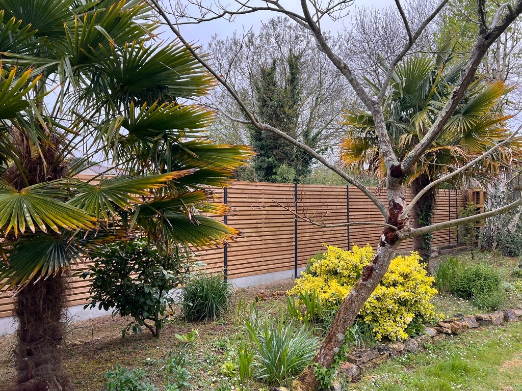 Clôture bois lames horizontales sur-mesure avec poteaux métal, réalisation Océanic Systems Vendée