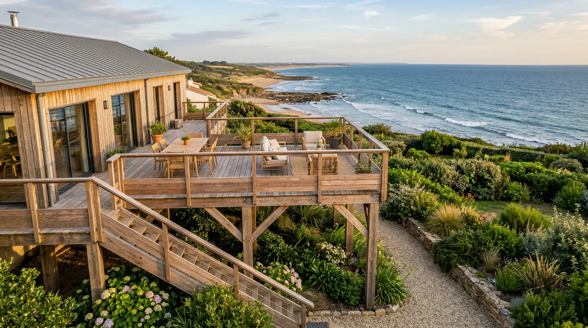 Grande terrasse en bois avec piscine réalisée sur-mesure à Saint-Gilles-Croix-de-Vie par Océanic Systems